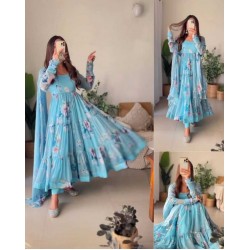 Sky color 3 layer ruffle Anarkali gown